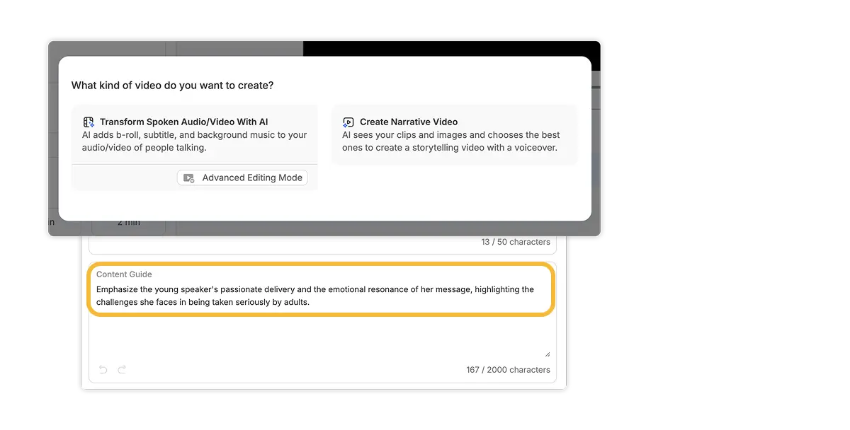 Audio to video workflow includes summarizing or using the full audio to generate video with visuals and voiceover.